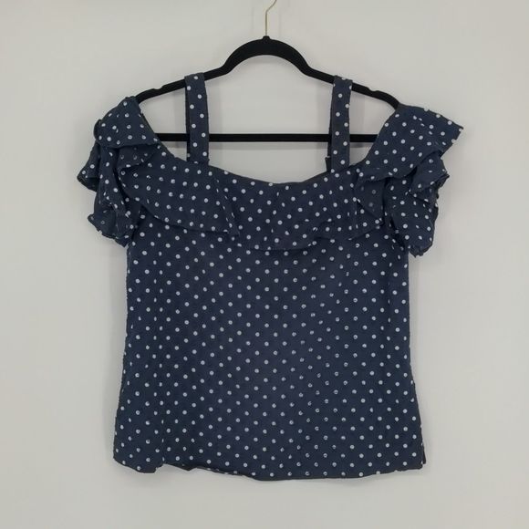 J. Crew Navy Polka‎ Dot Ruffle Cold Off The Shoulder Blouse Size 4 Tall Lined - Picture 1 of 15